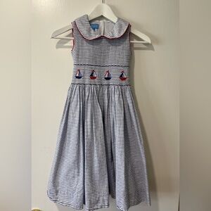 [Anavini] Girls' Striped Sailboat Smocked Dress - Blue, White & Red
